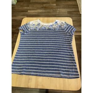 Croft And Barrow White Blue Striped Tshirt With Floral Shoulders 100% Cotton L